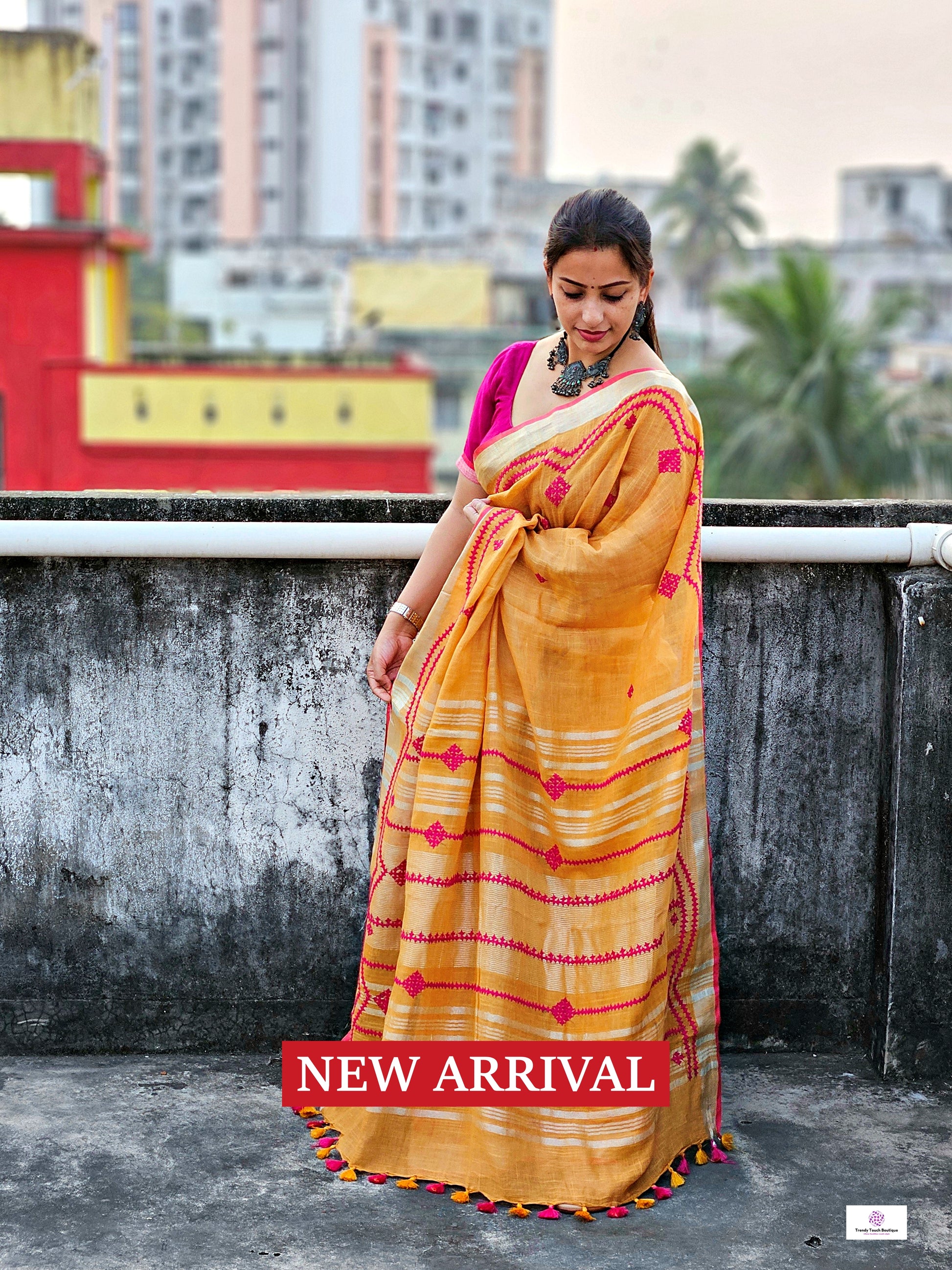 Kutch hand embroidered designer linen saree for office and special celebrations parties in summer best fabric best price yellow pink saree soft linen