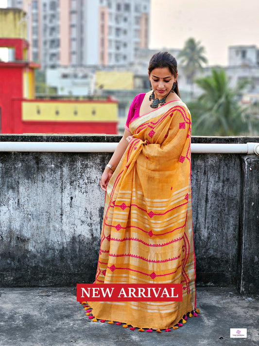 Kutch hand embroidered designer linen saree for office and special celebrations parties in summer best fabric best price yellow pink saree soft linen