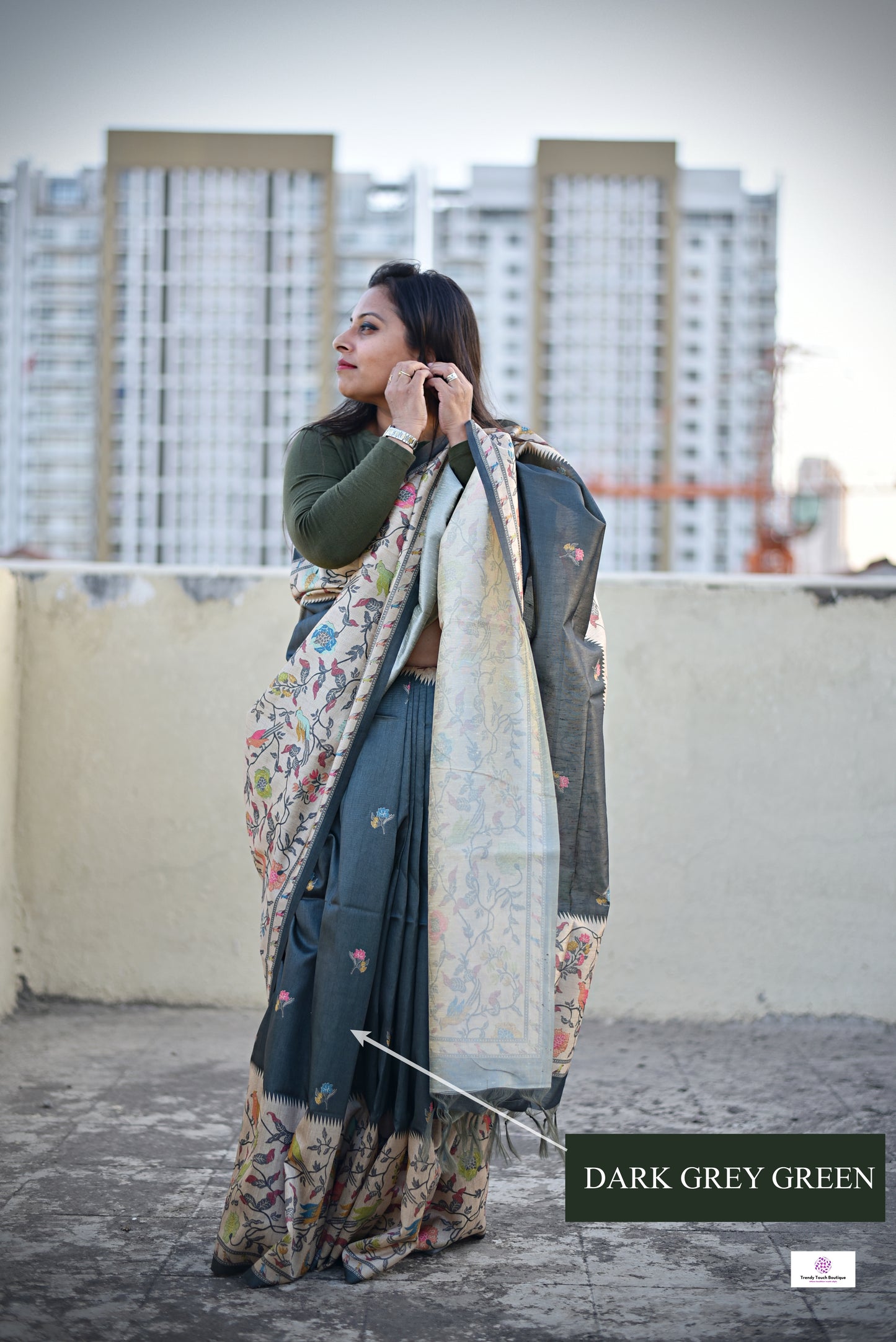 Dark Grey Green semi tussar silk aaree paithani pattern digital print for regular wear and casual function office for women with blouse piece and best price