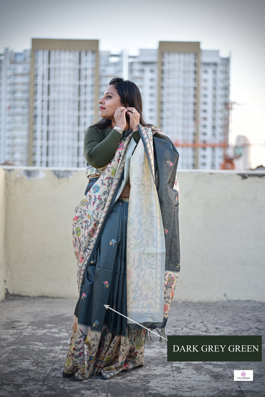 Dark Grey Green semi tussar silk aaree paithani pattern digital print for regular wear and casual function office for women with blouse piece and best price