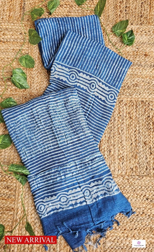 INDIGO STRIPE - HANDBLOCK PRINT - LINEN SAREE