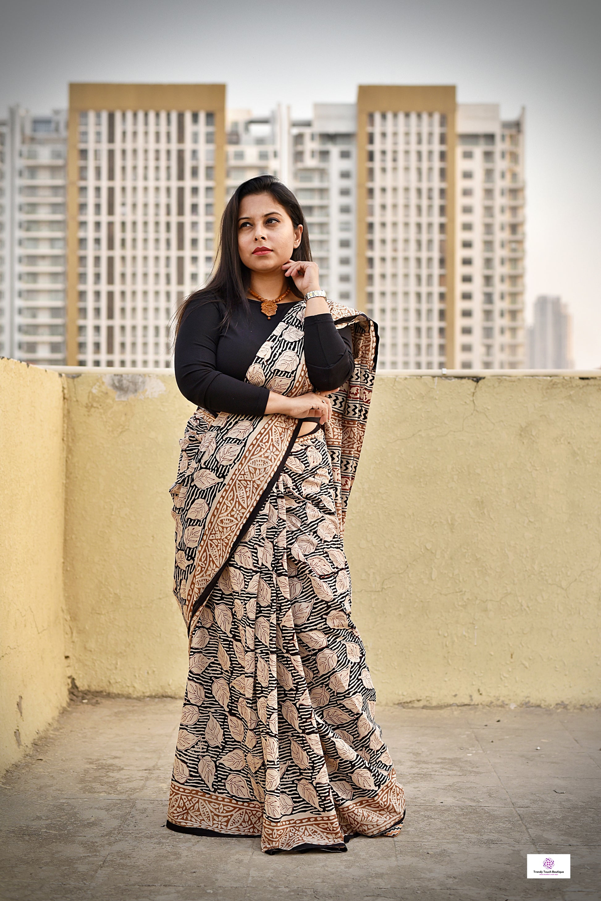 Handblock print mulcotton saree best summer fabric for office and casual styling with blouse piece black and ivory best price