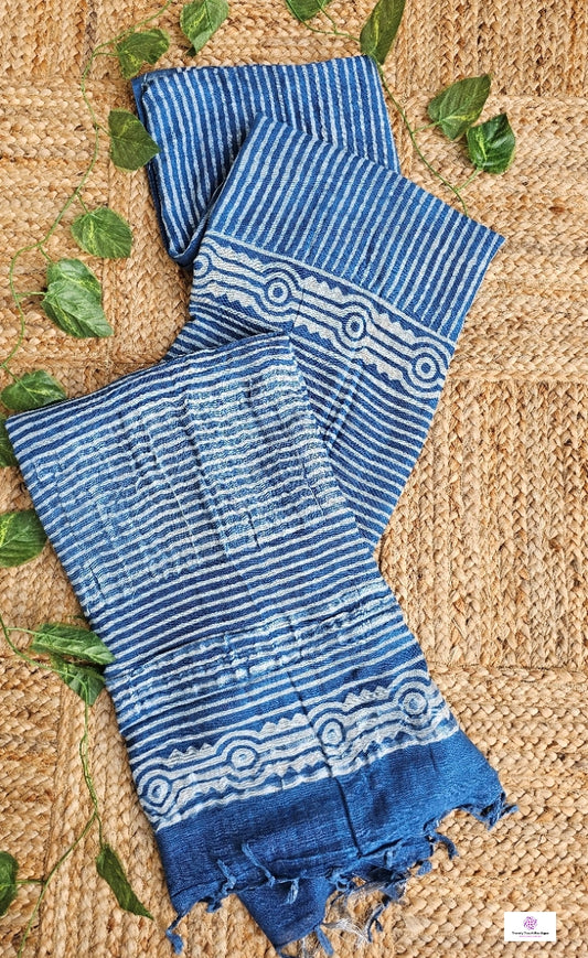 Indigo Stripe - Hand Block Print - Linen Cotton Saree