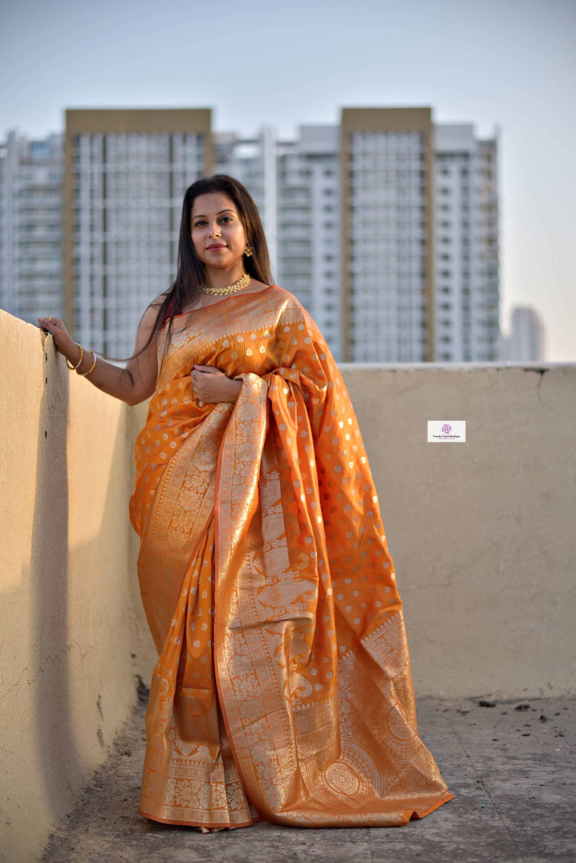 Banarasi silk saree bridal wedding gift partywear mustard ochre orange color best price online 