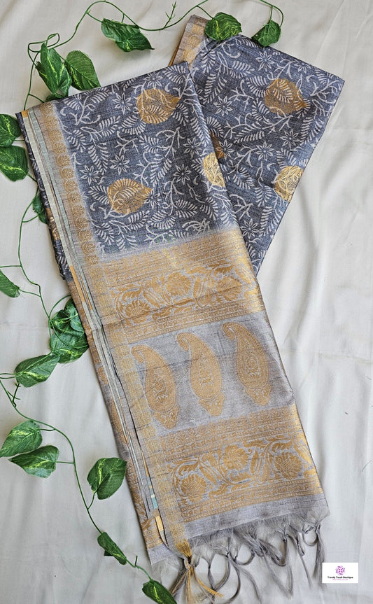 Grey Leaf - Semi Tussar Silk Saree