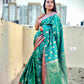 teal green and pink silk festive wear saree with blouse piece