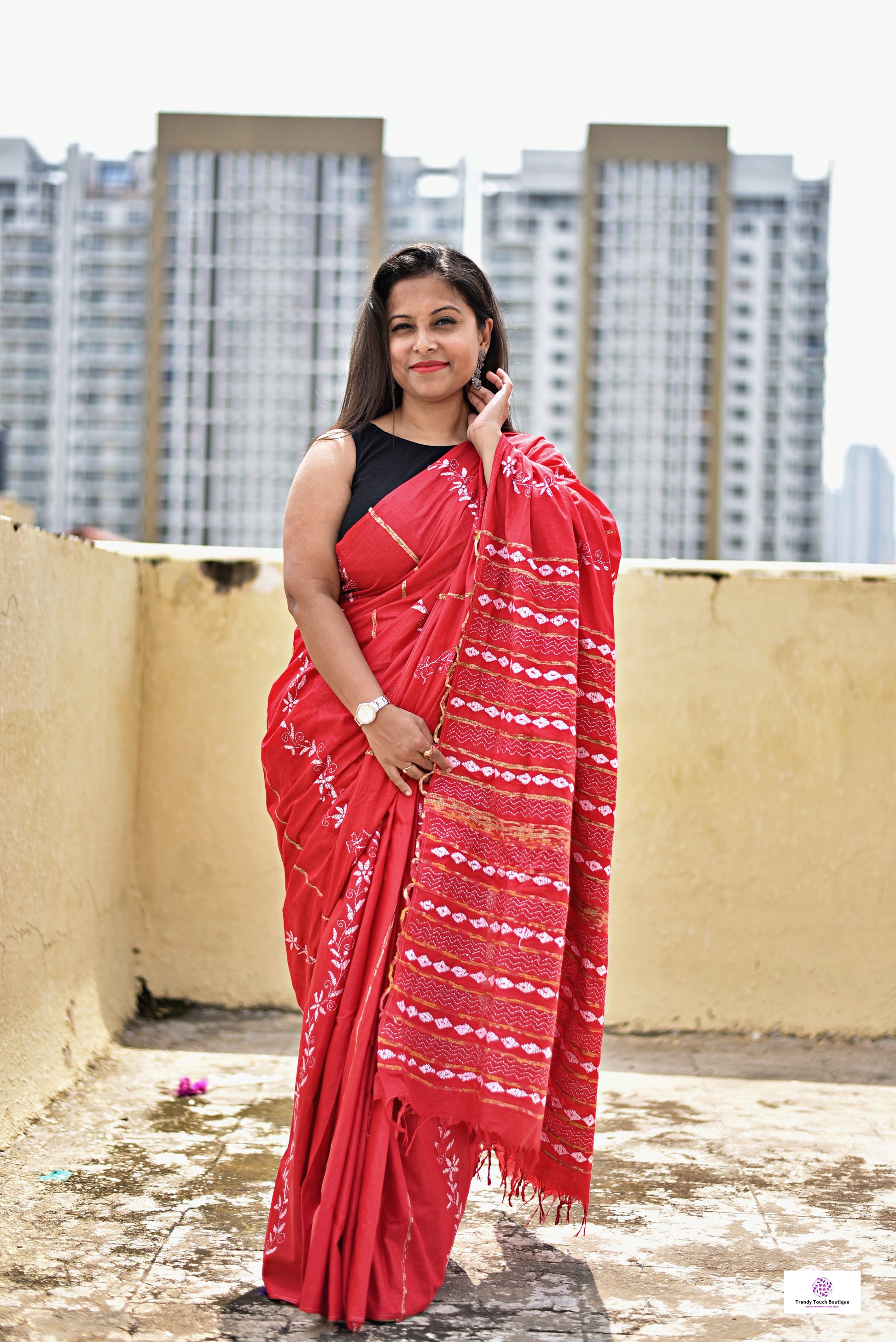 Kantha stitch handembroidered designer red khesh cotton handloom with blouse piece best price