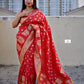 red banarasi silk zari work sare wedding wear marriage function party wear saree affordable price