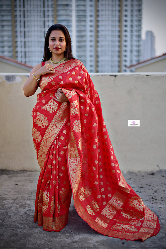 red banarasi silk zari work sare wedding wear marriage function party wear saree affordable price