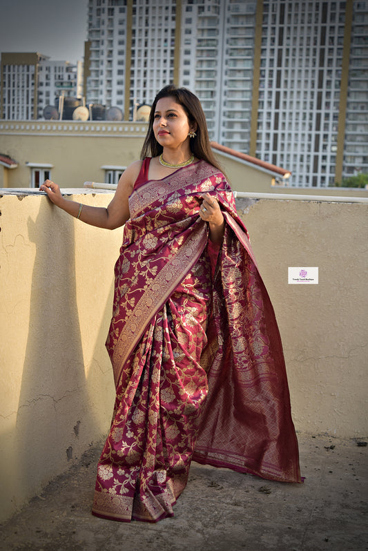 wine magenta golden silver zari work banarasi silk saree best price with blouse piece festive wear wedding wear party wear marriage function traditional silk