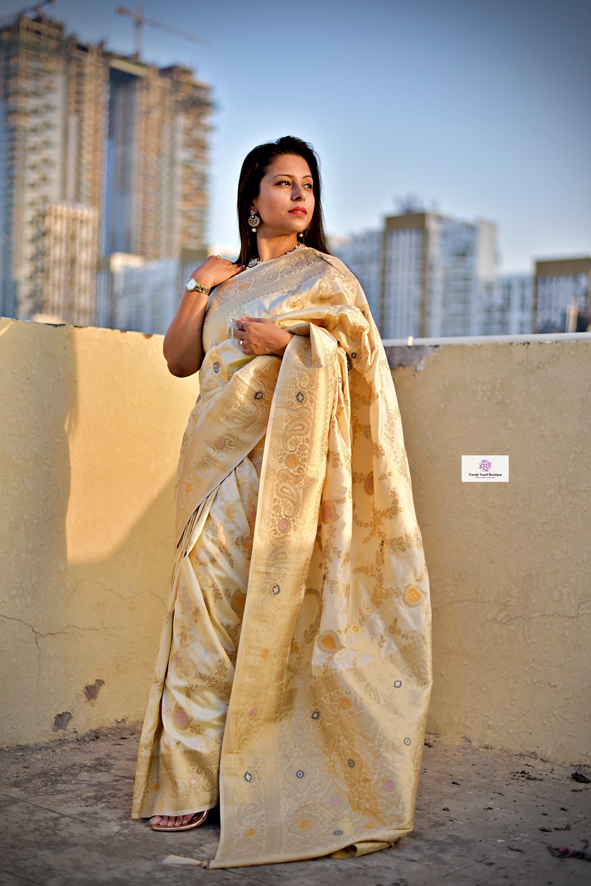 ivory off white jaal work handwoven banarasi silk saree with blouse piece wedding season special party wear bengali saree best price shop online