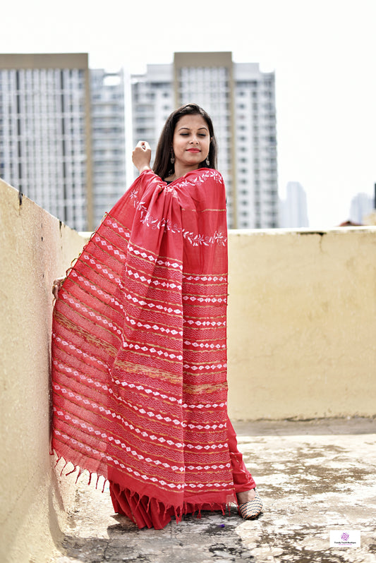 Kantha stitch handembroidered designer red khesh cotton handloom with blouse piece best price