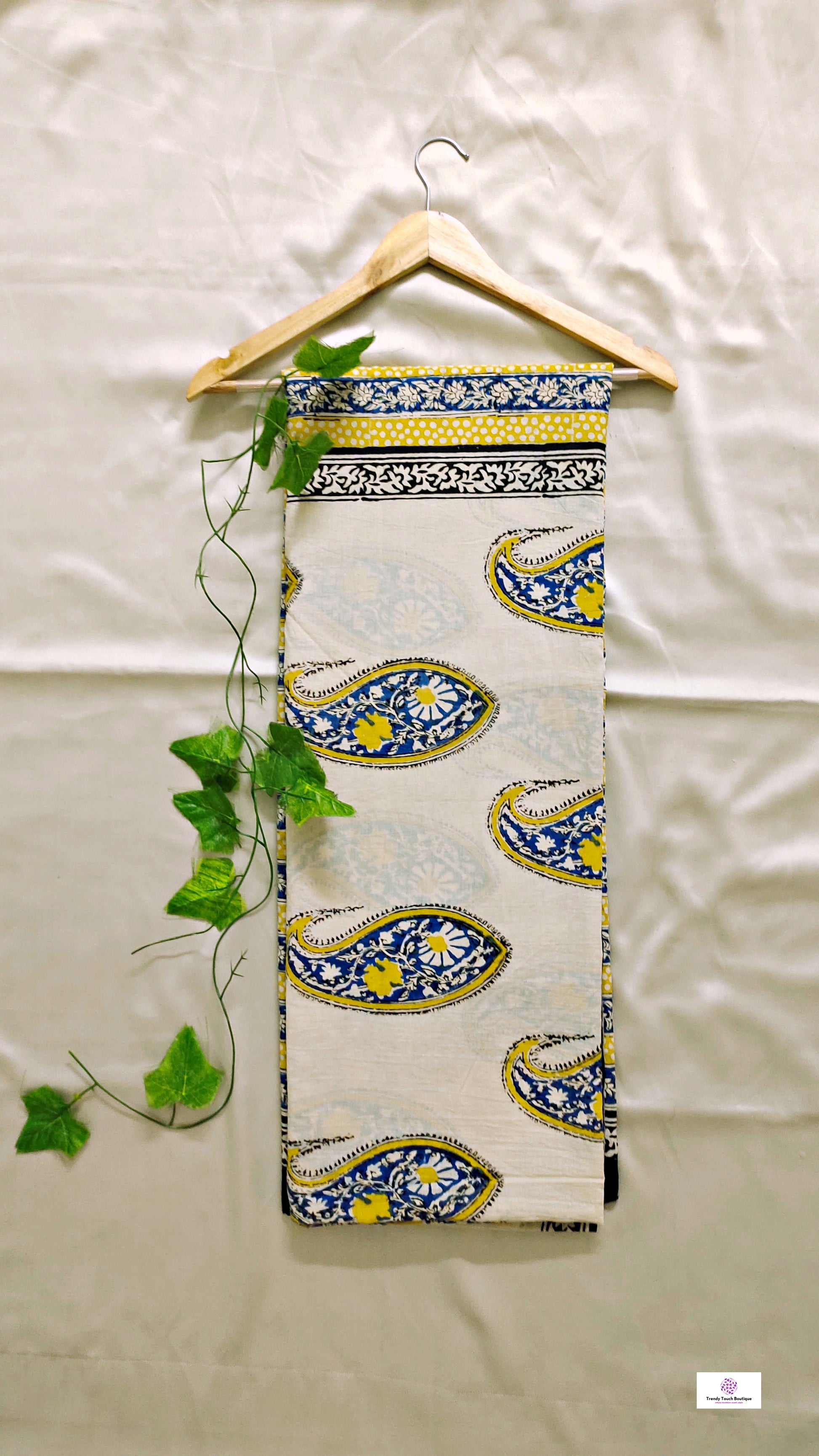handblockprinted mulcotton in beige base with blue, yellow and black for office and casual styling summer best fabric saree with blouse piece and best price