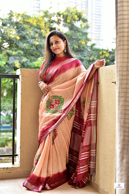 kantha handembroidered linen saree with maroon and beige tye and dye office wear or casual outing special events with blouse piece best price