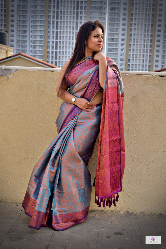 dual tone blue kubera pattu silk saree for wedding soft silk saree online marriage function contrast brocade work with blouse piece