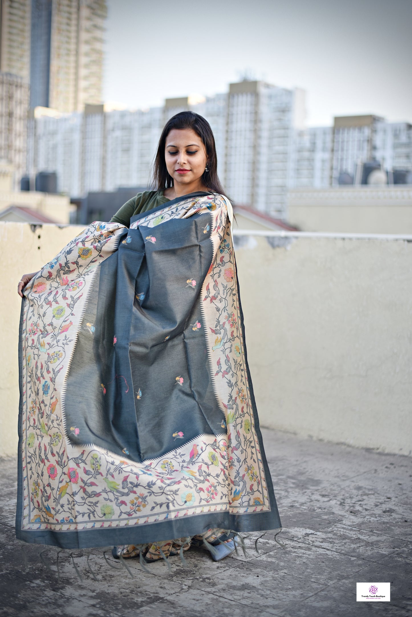 Dark Grey Green semi tussar silk aaree paithani pattern digital print for regular wear and casual function office for women with blouse piece and best price