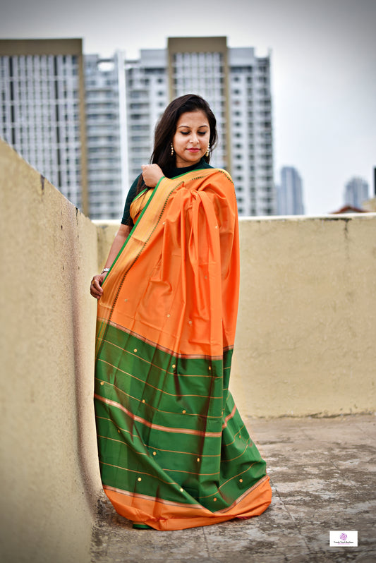 orange green katan silk saree lightweight soft for office and festive wear with blouse piece and best price 