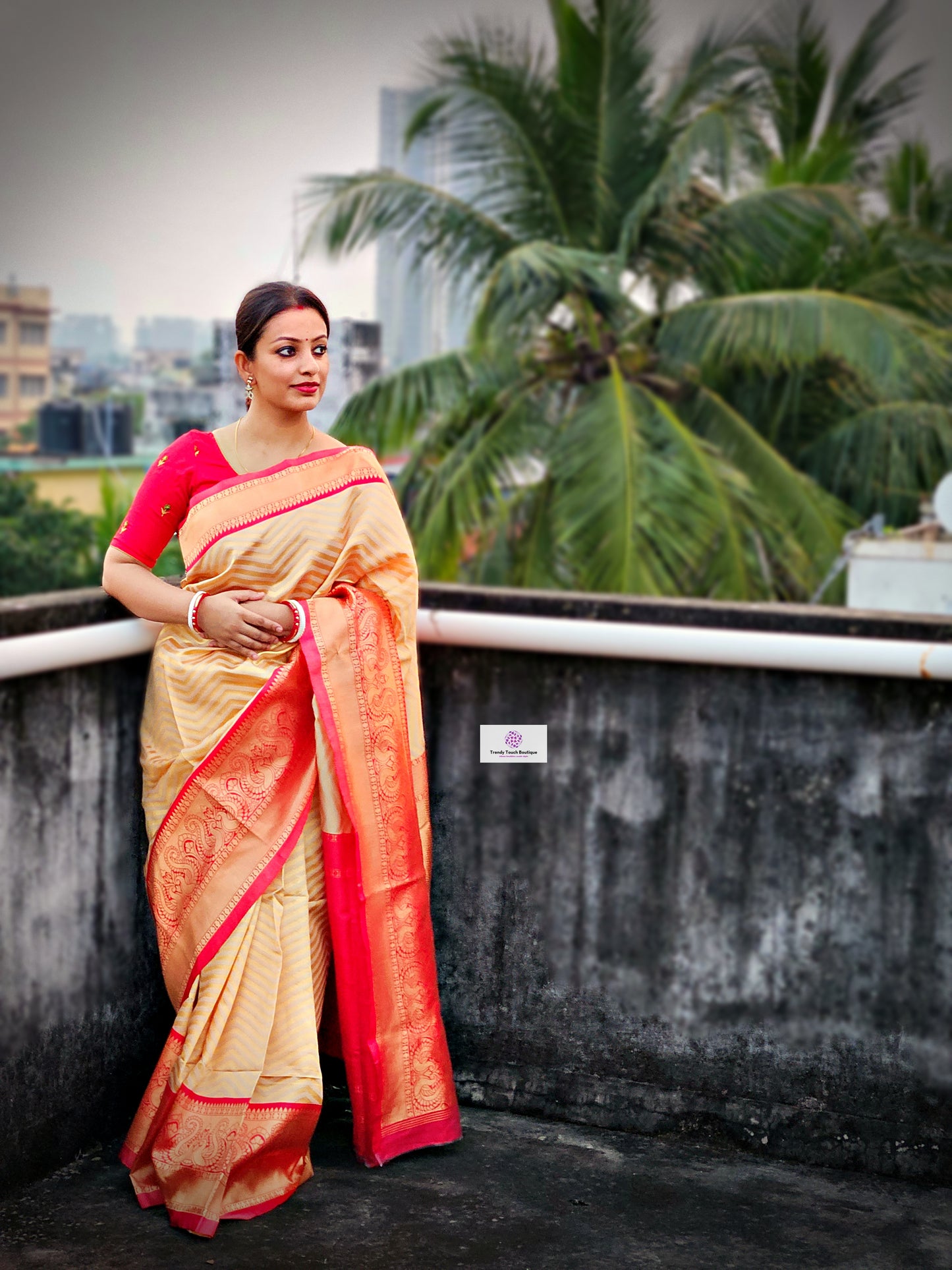 red chandan golden soft silk saree puja and homewarming ceremony wedding functions best price with blouse piece zari work saree