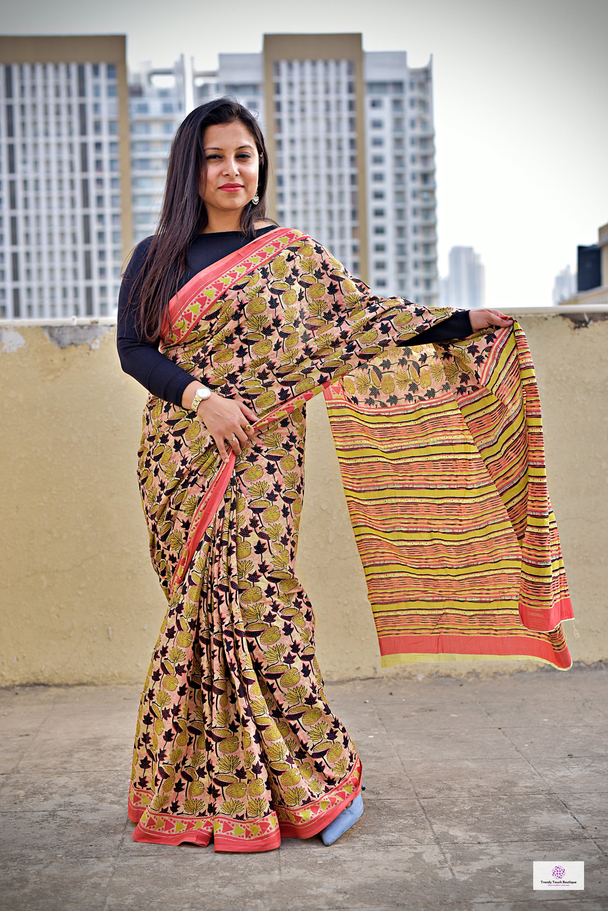 peach orange organic handblock print mul cotton saree ajrakh vanaspati natural dye floral print best summer fabric office and daily wear saree 