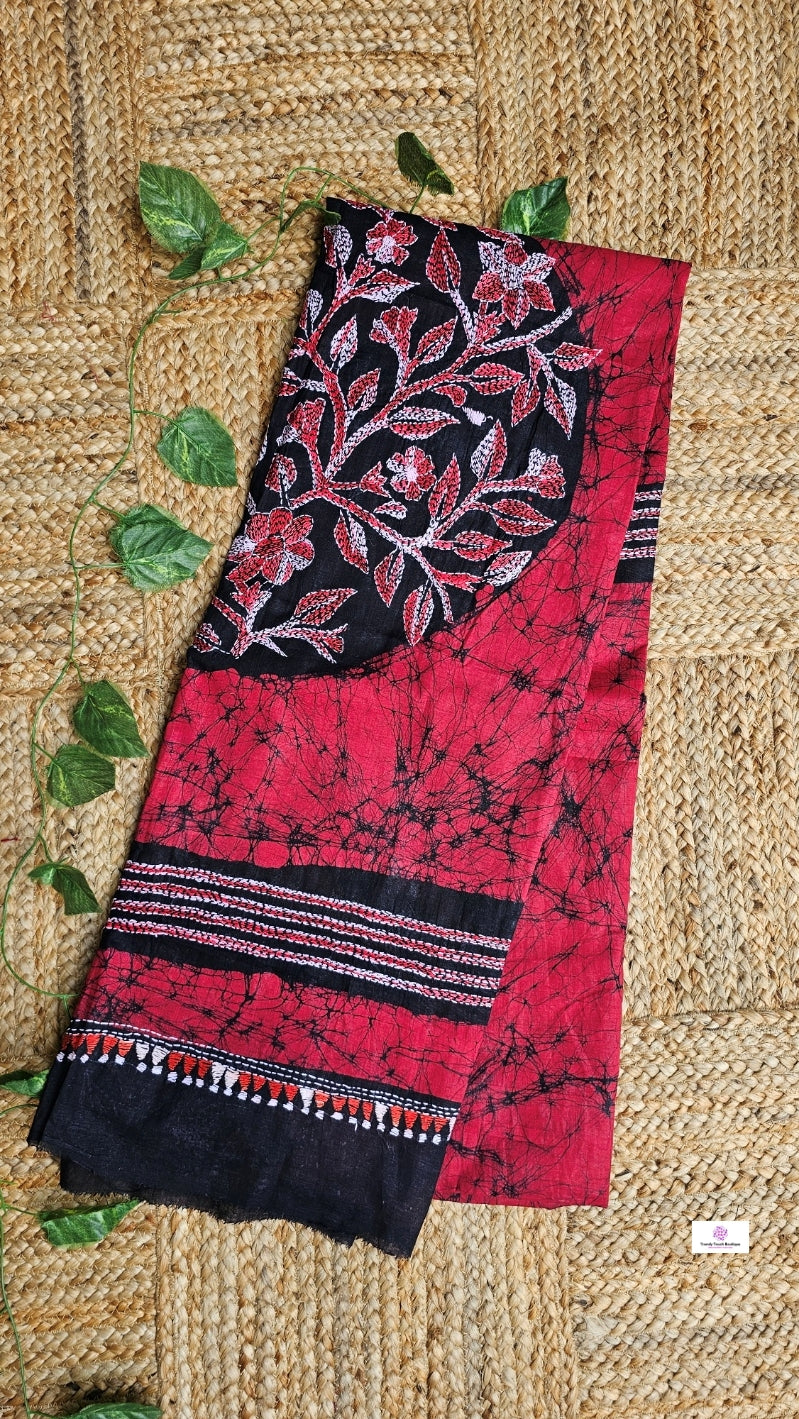 Romance - Kantha Work & Hand Batik - Cotton Saree
