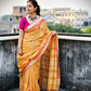 Kutch hand embroidered designer linen saree for office and special celebrations parties in summer best fabric best price yellow pink saree soft linen