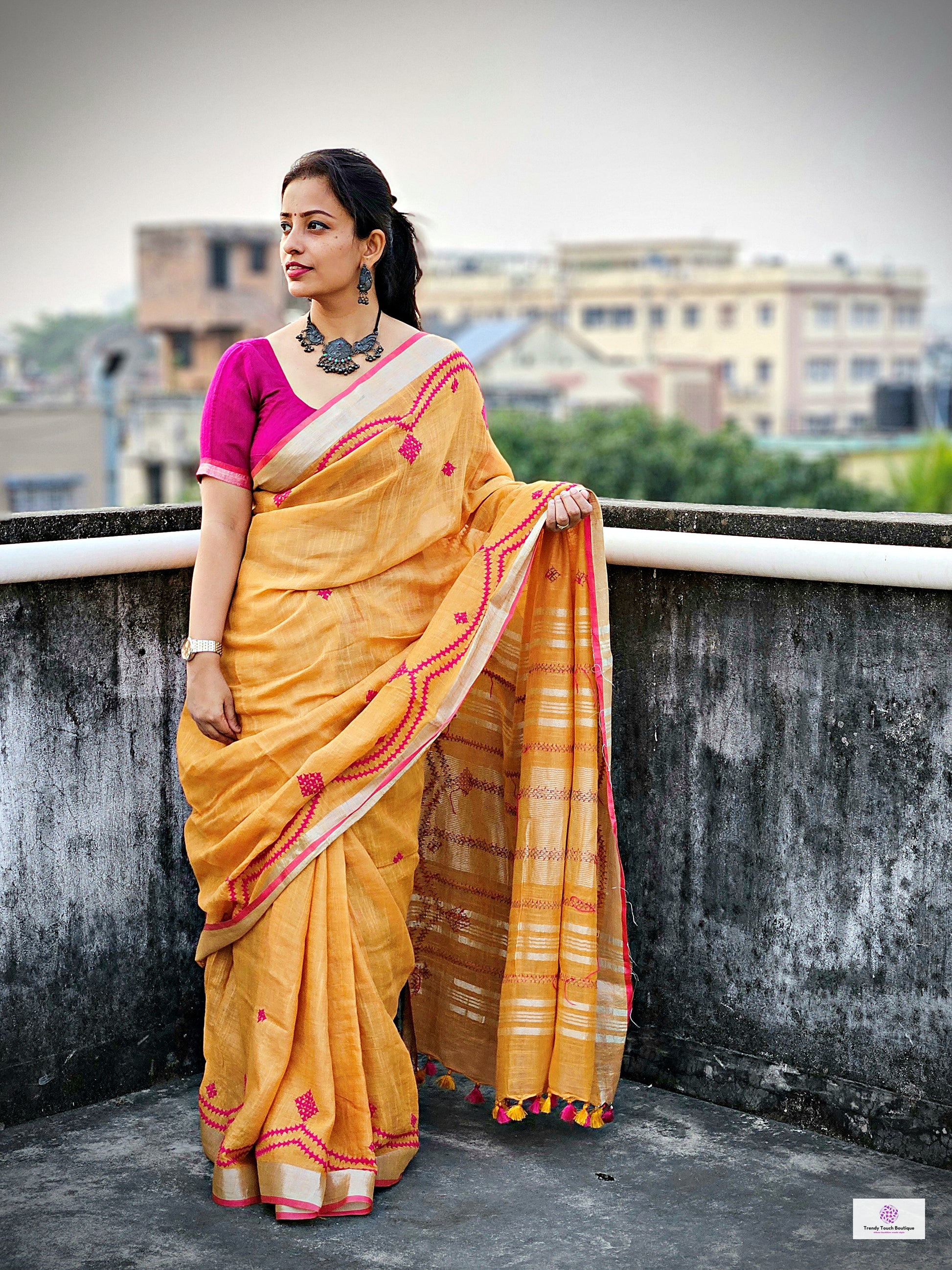 Kutch hand embroidered designer linen saree for office and special celebrations parties in summer best fabric best price yellow pink saree soft linen