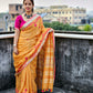 Kutch hand embroidered designer linen saree for office and special celebrations parties in summer best fabric best price yellow pink saree soft linen
