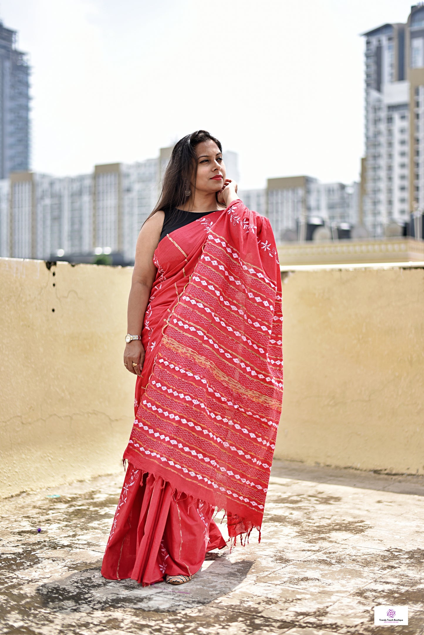 Kantha stitch handembroidered designer red khesh cotton handloom with blouse piece best price
