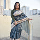 Dark Grey Green semi tussar silk aaree paithani pattern digital print for regular wear and casual function office for women with blouse piece and best price