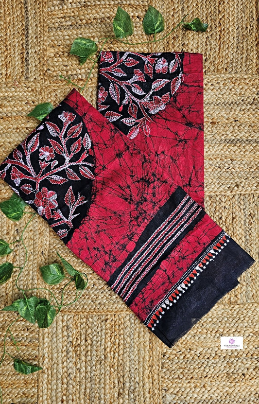 Romance - Kantha Work & Hand Batik - Cotton Saree
