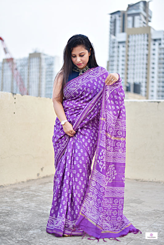 VIOLA - HANDBLOCK PRINT - CHANDERI SILK SAREE (VIOLET)