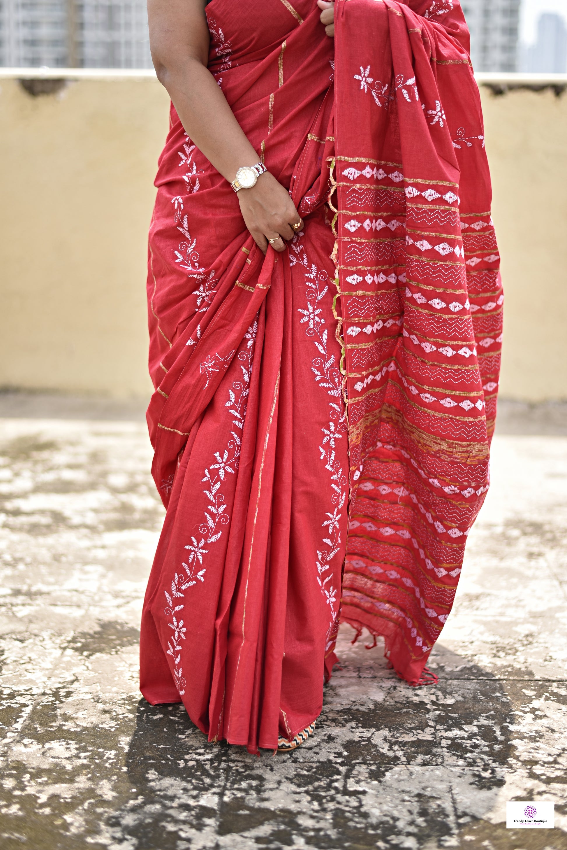 Kantha stitch handembroidered designer red khesh cotton handloom with blouse piece best price