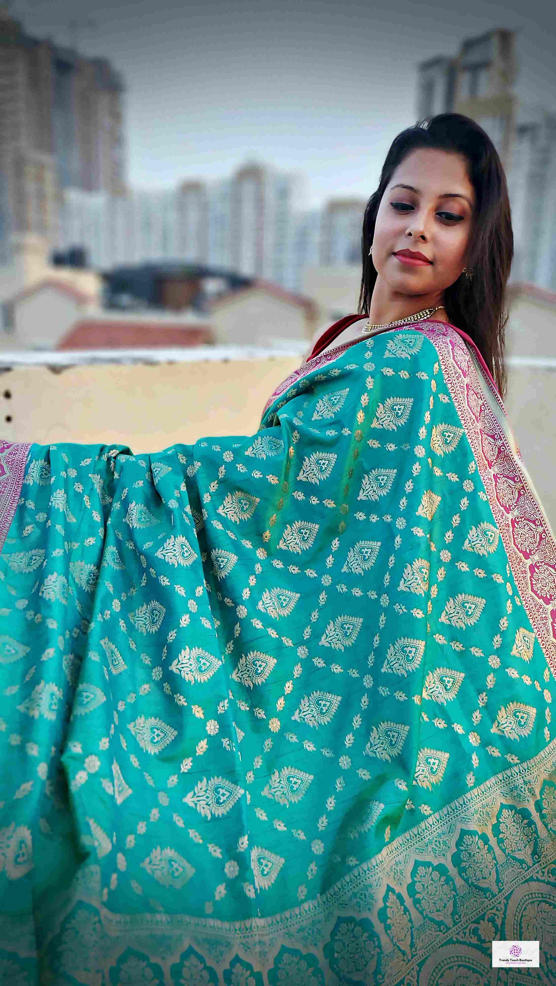 shop saree online teal green and pink silk festive wear saree with blouse piece