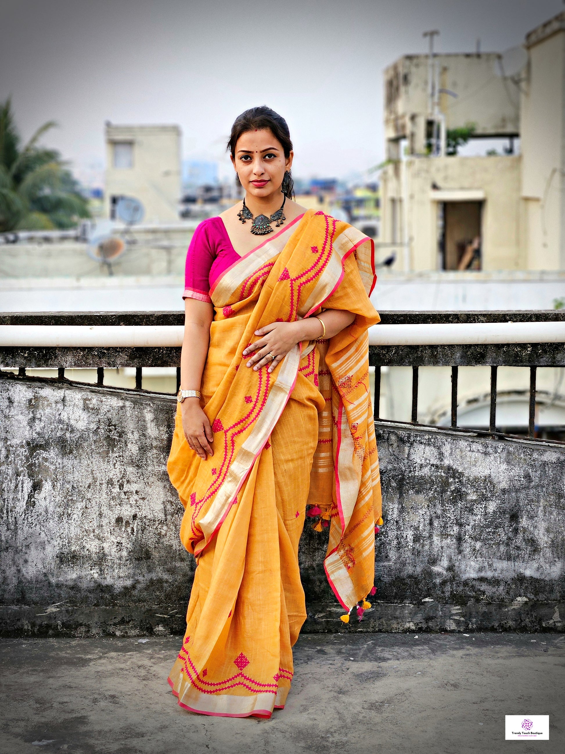 Kutch hand embroidered designer linen saree for office and special celebrations parties in summer best fabric best price yellow pink saree soft linen