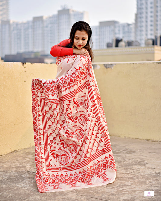 kantha stitch designer blended bangalore silk saree in offwhite and red thread work in traditional design with blouse piece and lightweight, soft, breathable for weddings, anniversary, special function, office events with blouse piece best price