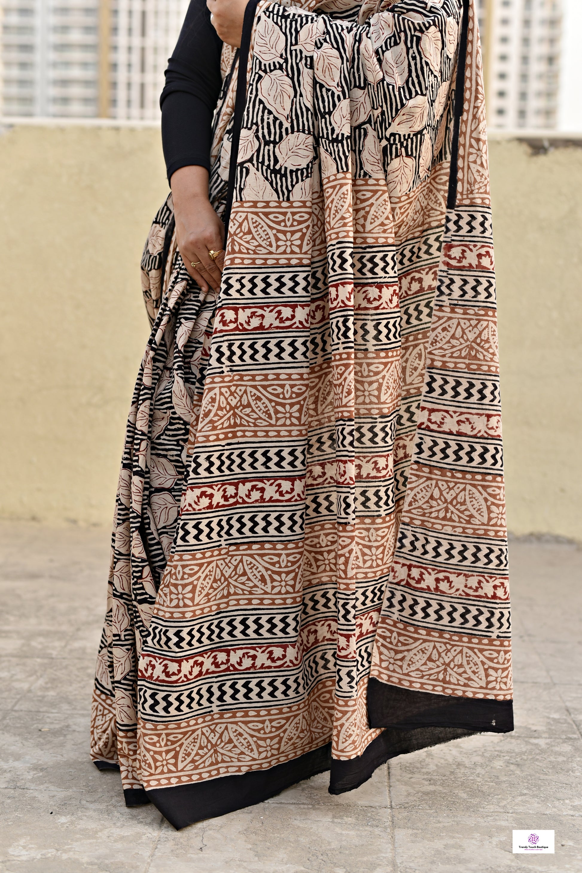 Handblock print mulcotton saree best summer fabric for office and casual styling with blouse piece black and ivory best price