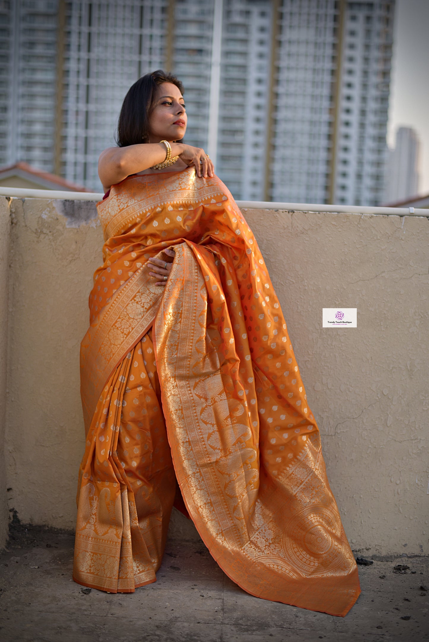 Banarasi silk saree bridal wedding gift partywear mustard ochre orange color best price online