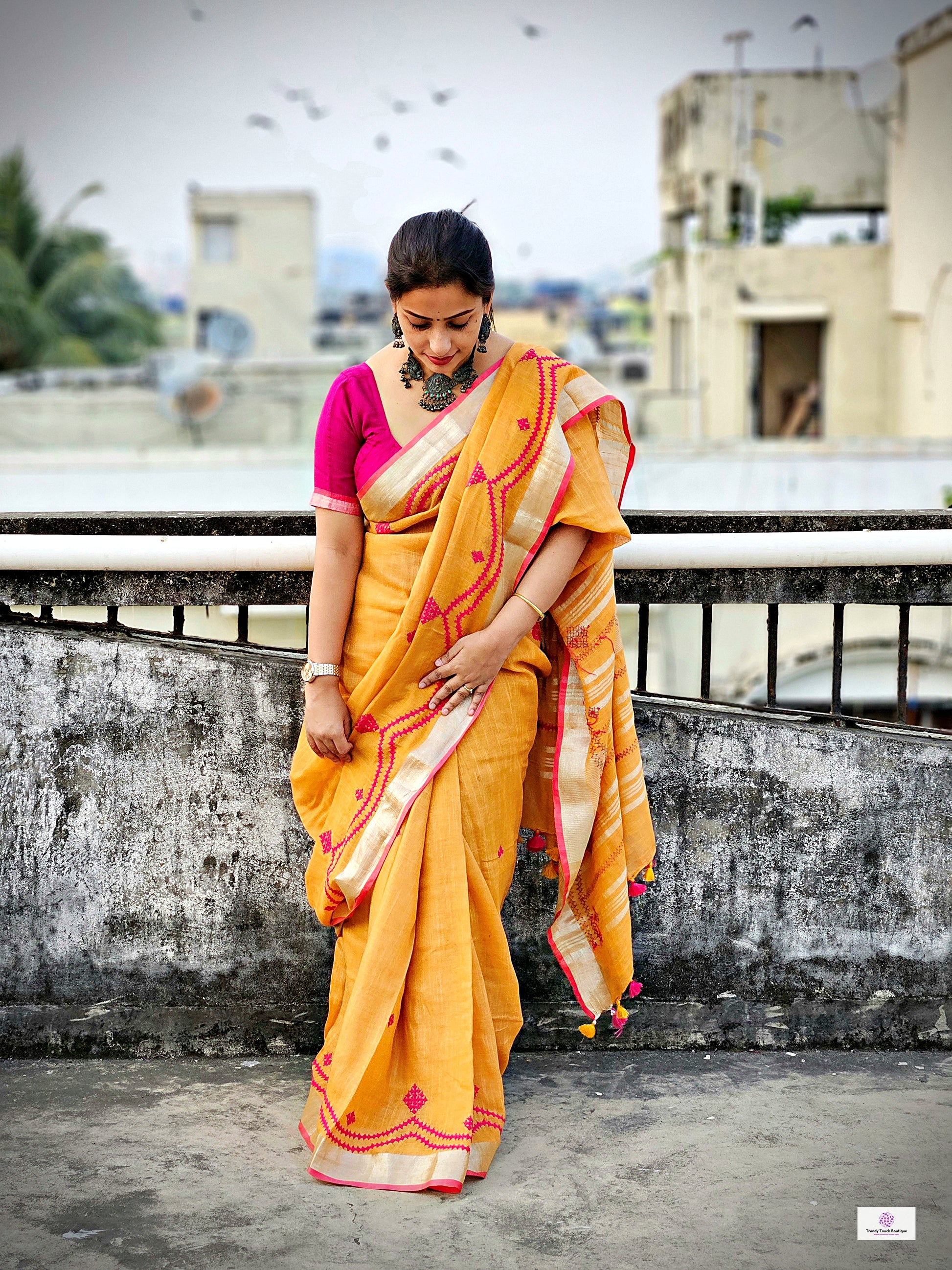 Kutch hand embroidered designer linen saree for office and special celebrations parties in summer best fabric best price yellow pink saree soft linen