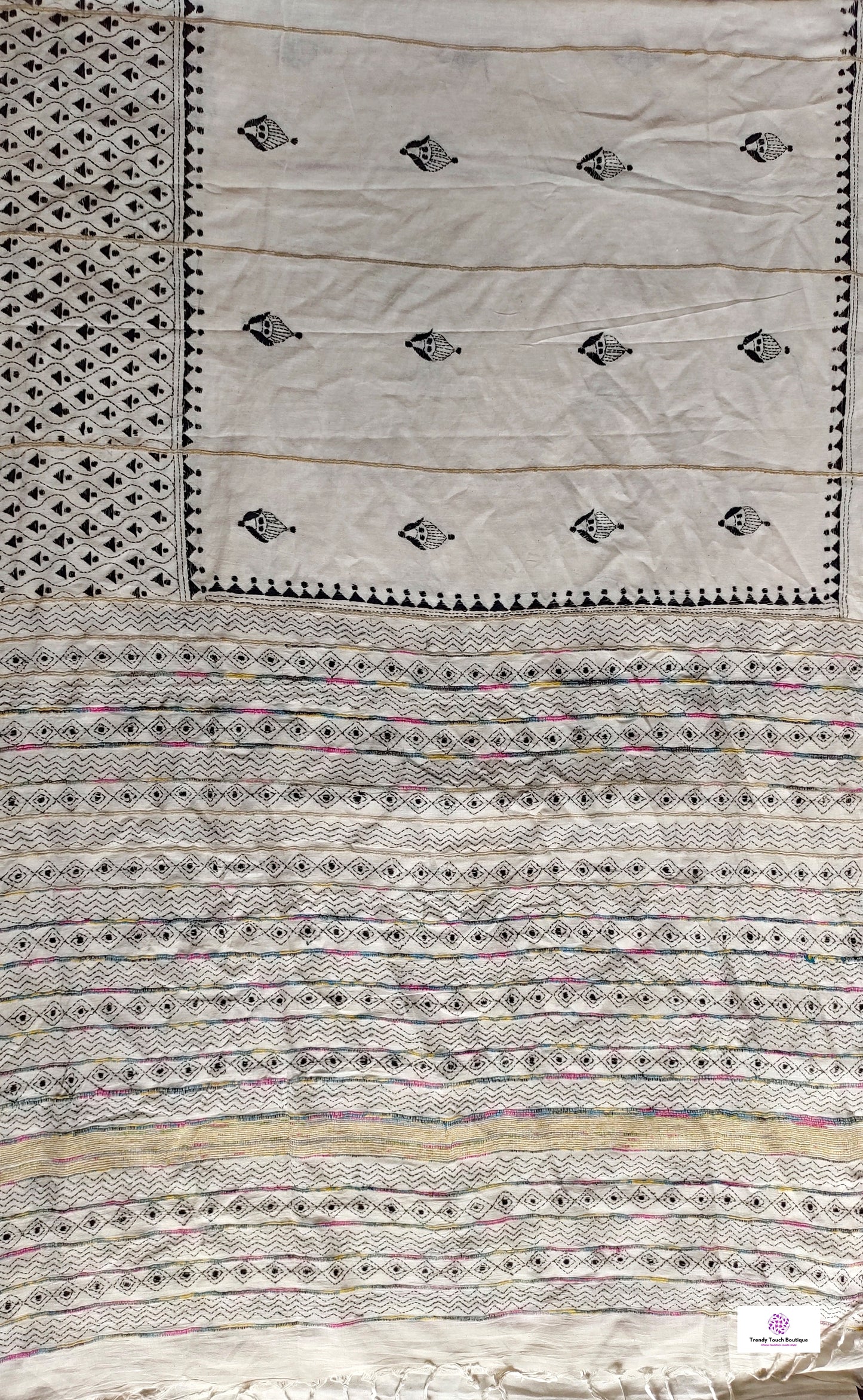 white black kantha work khesh cotton handloom saree for office and festive wear special ocassion with blouse piece and best price