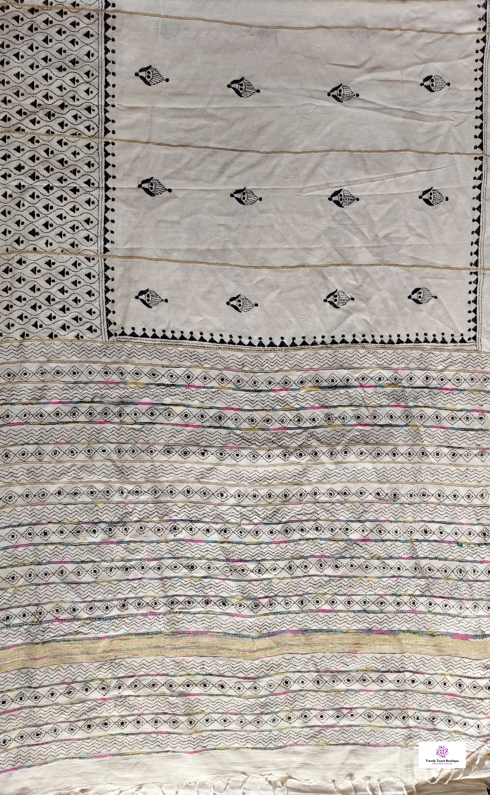 white black kantha work khesh cotton handloom saree for office and festive wear special ocassion with blouse piece and best price