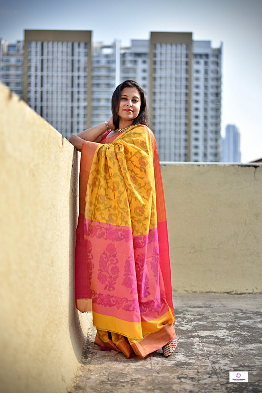 digital ikkat style soft silk yellow pink saree for puja and special functions marriage haldi ceremonies with blouse piece best price