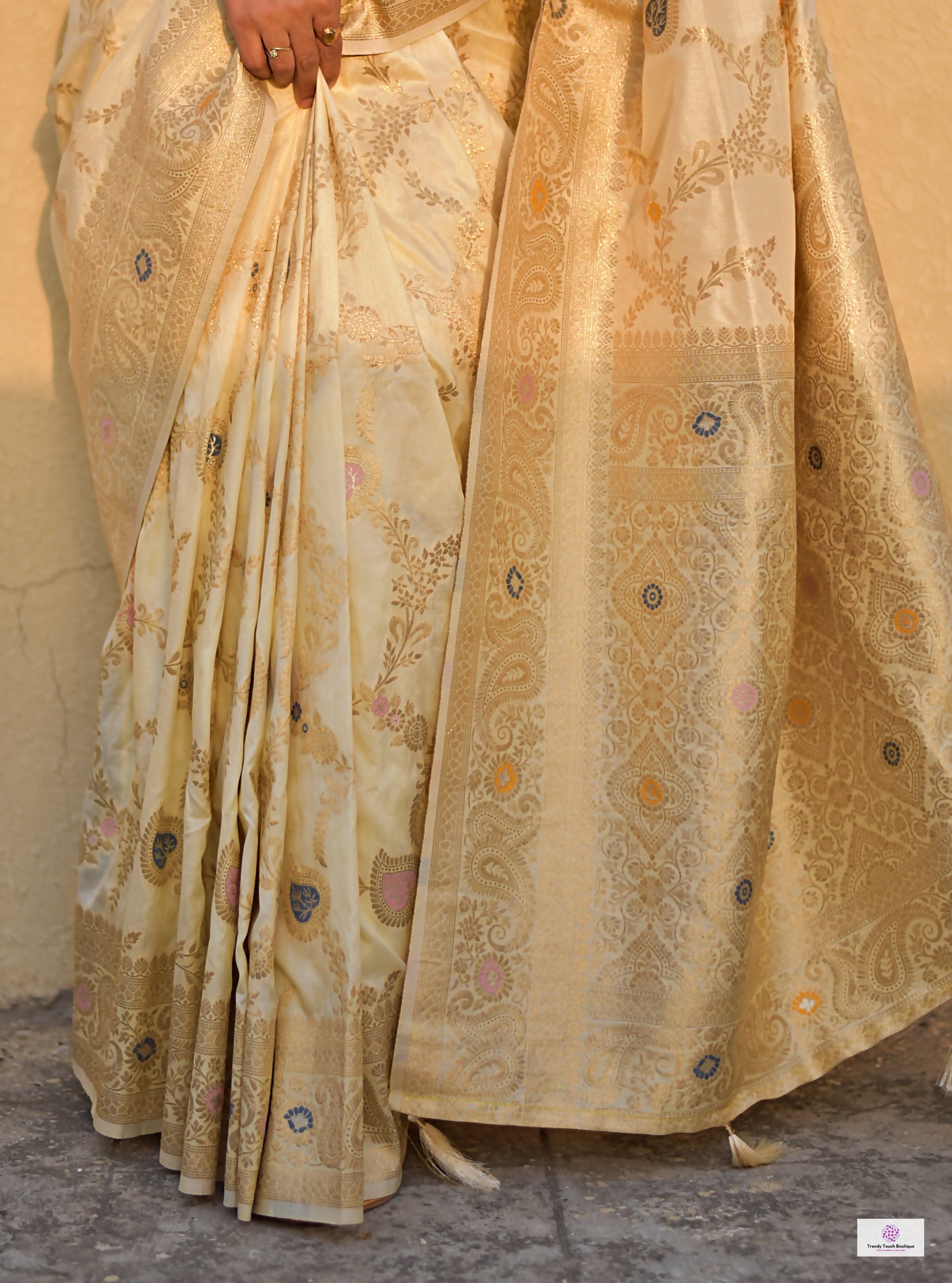 ivory off white jaal work handwoven banarasi silk saree with blouse piece wedding season special party wear bengali saree best price shop online