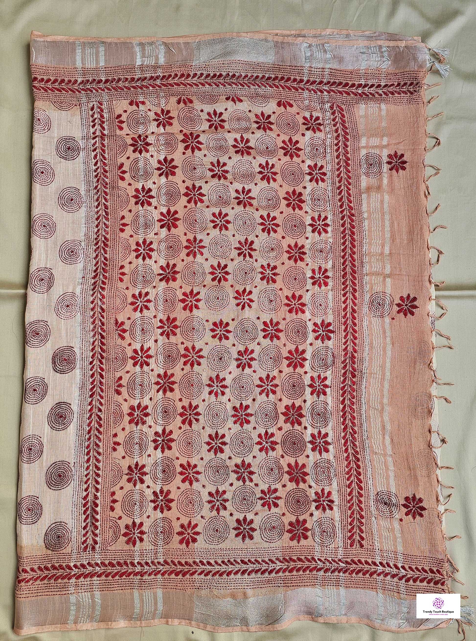 kantha handembroidered designer ivory and beige linen saree with blouse piece best price for office, casual and wedding wear.
