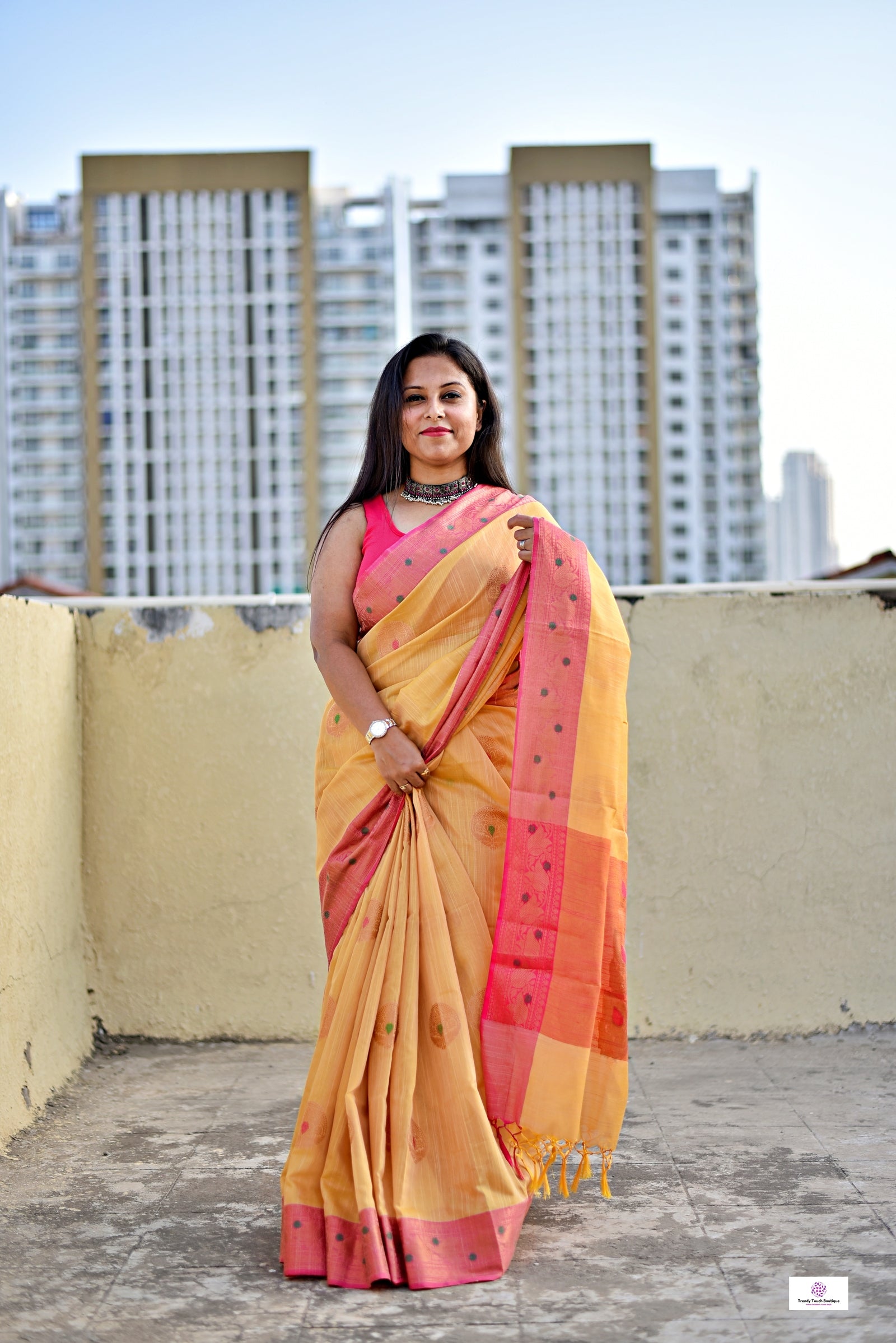 Muga cotton banarasi soft and lightweight puja, wedding and special ocassion casual wear saree yellow and pink with blouse piece best price