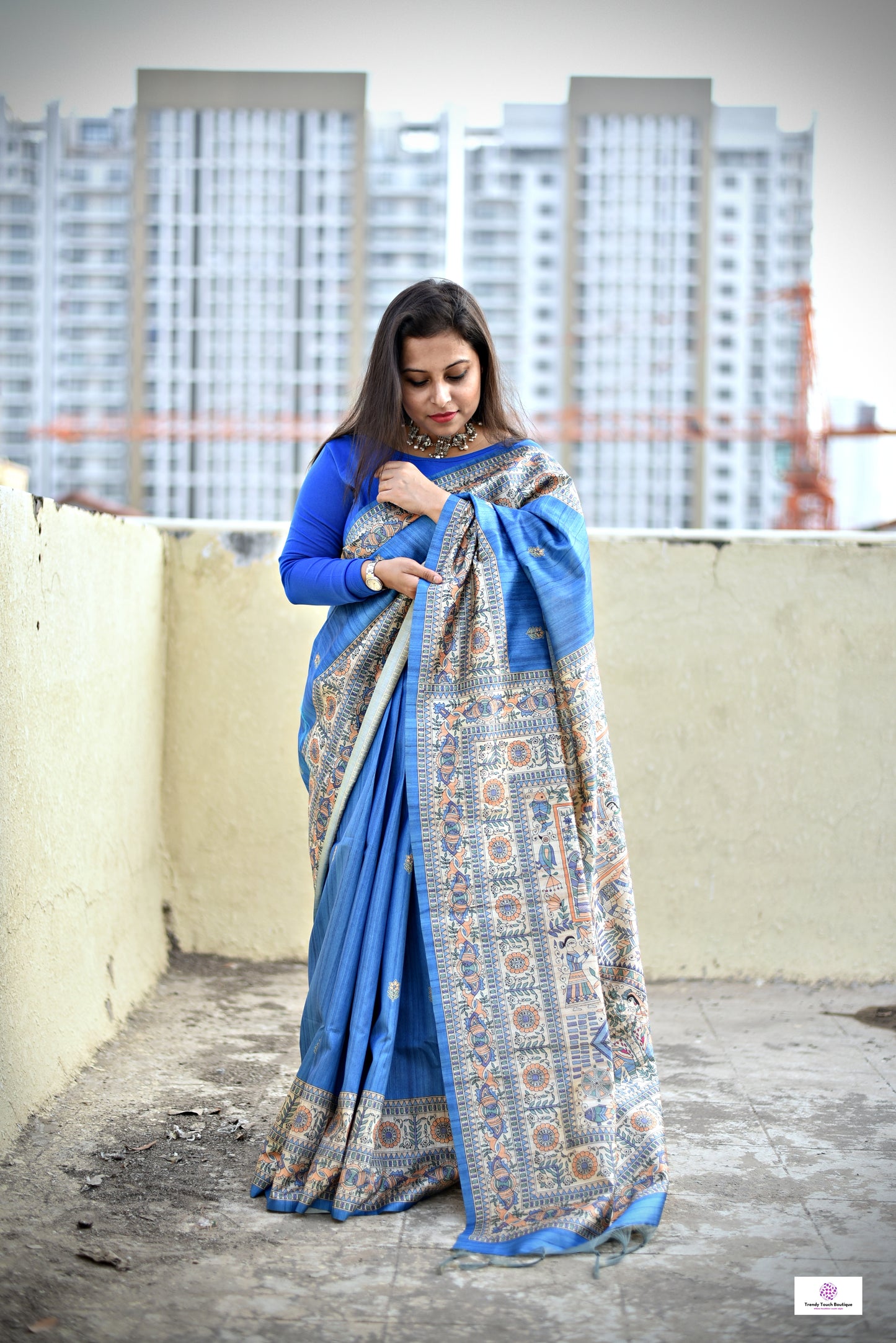 Neel Nadi - Madhubani Print - Semi Ghicha Silk Saree