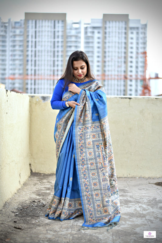Neel Nadi - Madhubani Print - Semi Ghicha Silk Saree