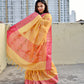 Muga cotton banarasi soft and lightweight wedding and special ocassion casual wear saree yellow and pink with blouse piece best price