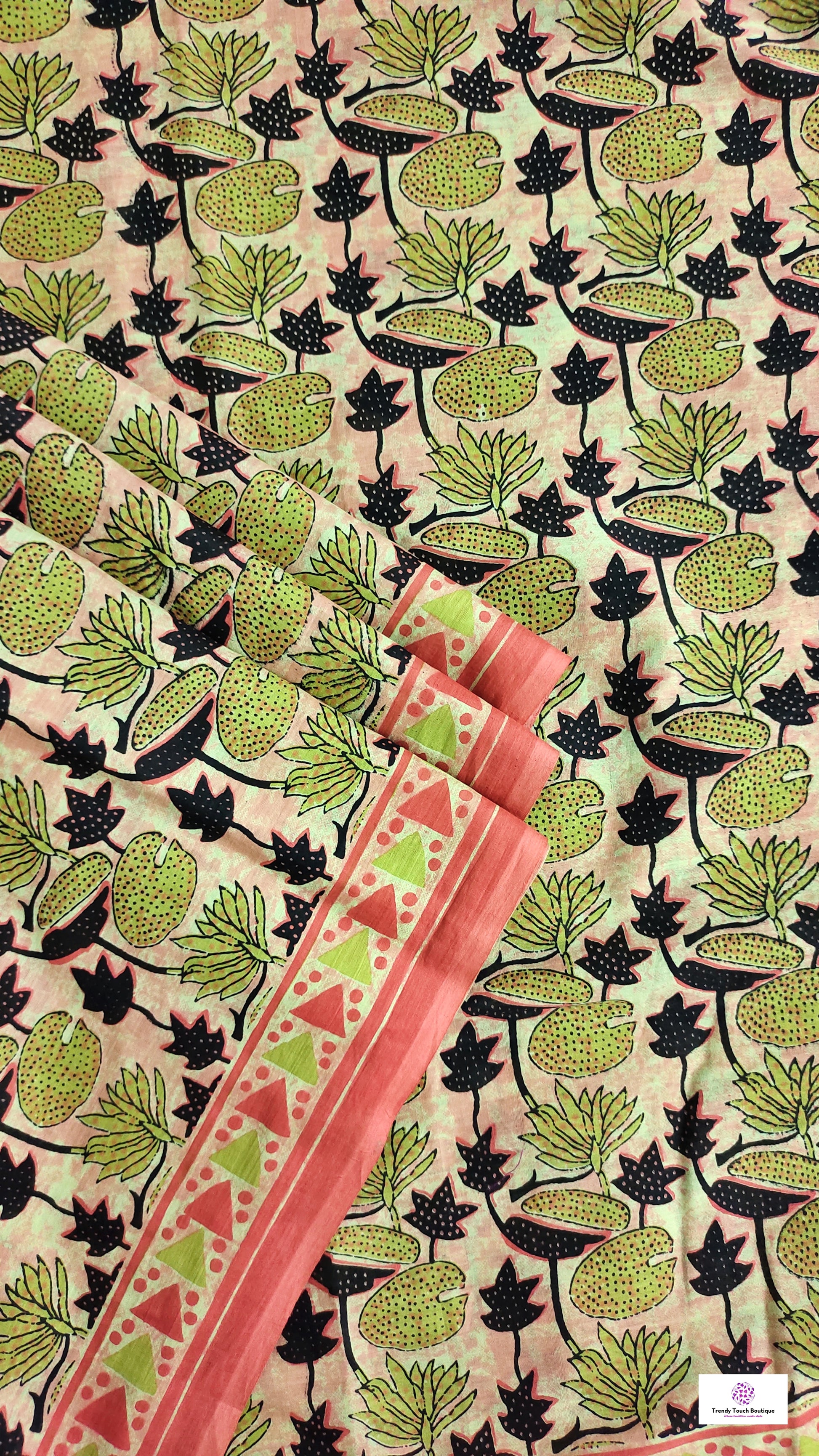peach orange organic handblock print mul cotton saree ajrakh vanaspati natural dye floral print best summer fabric office and daily wear saree