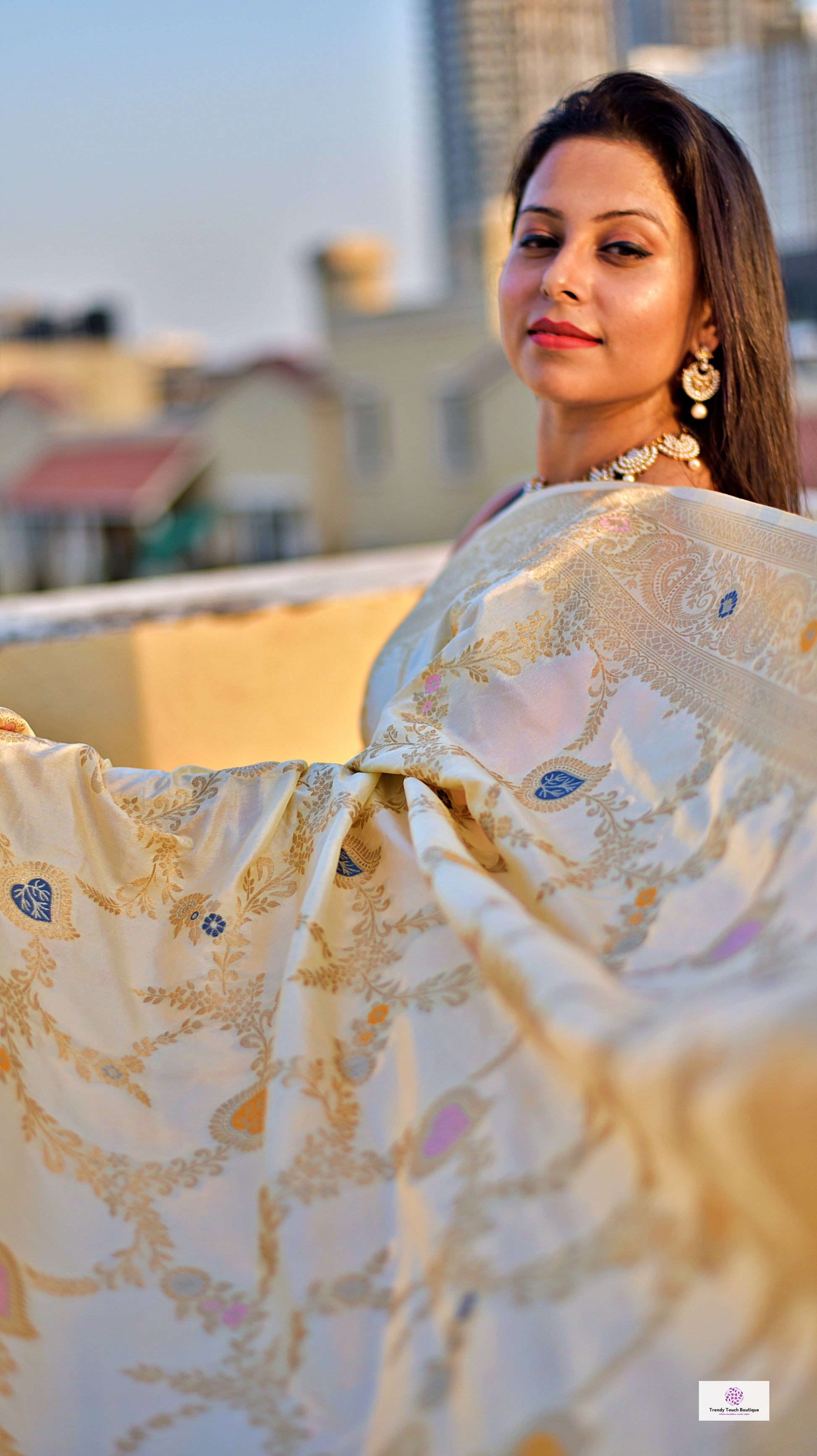 ivory off white jaal work handwoven banarasi silk saree with blouse piece wedding season special party wear bengali saree best price shop online