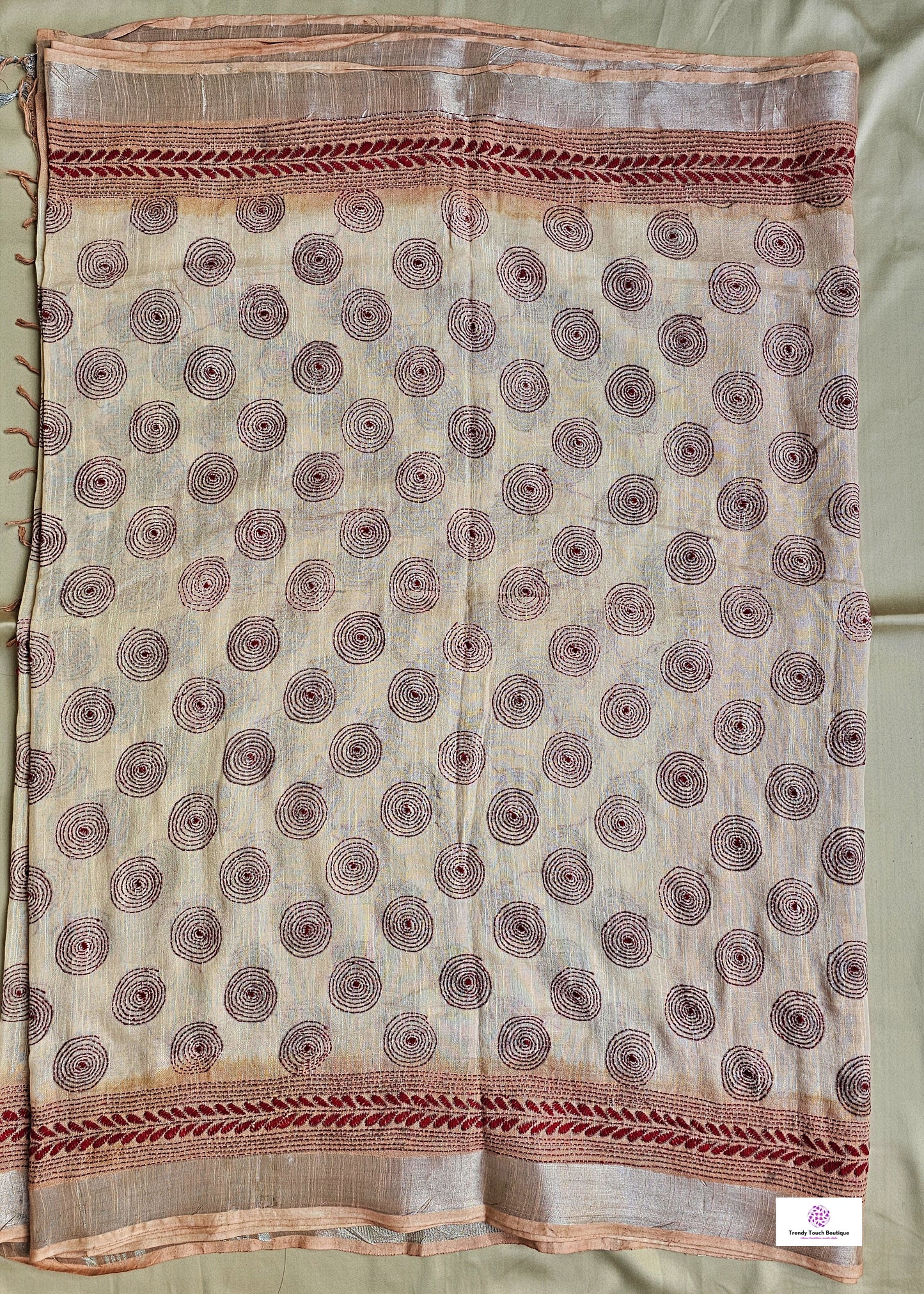kantha handembroidered designer ivory and beige linen saree with blouse piece best price for office, casual and wedding wear.
